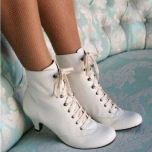 Women Ankle Boots Low Kitten Heel Lace Up Faux Leather Shoes Party Victorian