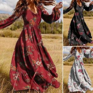 flowers women's clothing Womens 8-24 Dress Floral V Neck Back Zipper Maxi Oversize Ladies Holiday Dresses