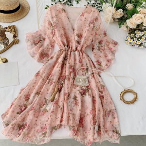 Donna Tè Abito Midi Floreale Chiffon Asimmetrico a Balze Zampa Maniche Spiaggia