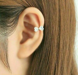 14k Yellow Gold Over 0.30Ct Heart Cut Diamond Two Heart Ear Cuff Earring For Her
