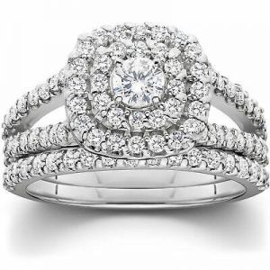 flowers jewelry men's 1 1/10ct Cushion Halo Solitaire Diamond Engagement Wedding Ring Set White Gold