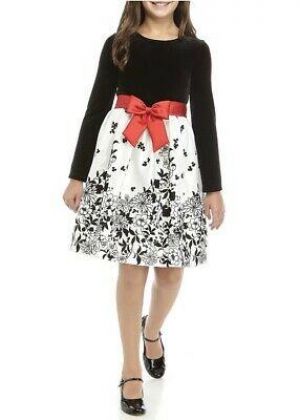 NWT New Girls Black Velvet Ivory Flocked Skirt Dress Christmas Size 8 $68