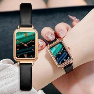 Fashion Women Luxury Stainless Steel Faux Leather Band Quartz Analog Wrist Watch