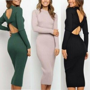 Women Sexy Casual Slim Solid Pencil Dress Lady Long Sleeve Bodycon Party Dresses