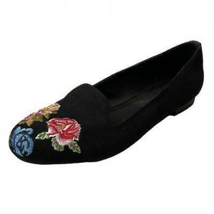 flowers women shoes ASOS Black Faux Suede Floral Embroidered Flats Slip On Women&#039;s Size 3